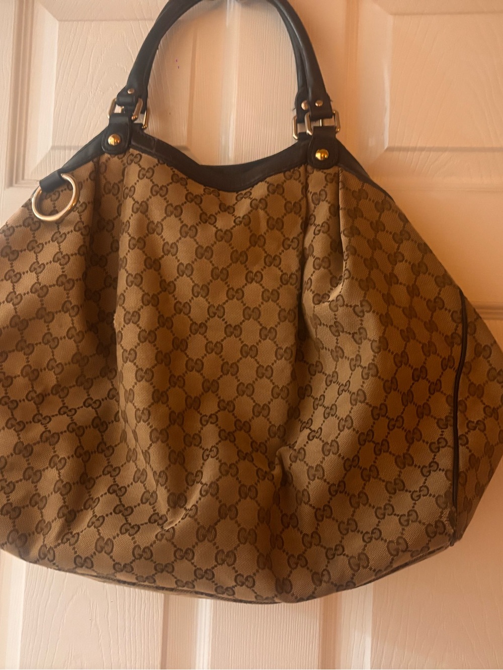 Gucci Beige Brown Monogram Tote with Black Trim